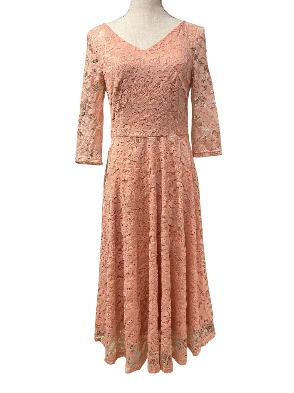 Vintage Inspired Peachy Pink All Over Lace Midi Dress with Three-Quarter Sleeves